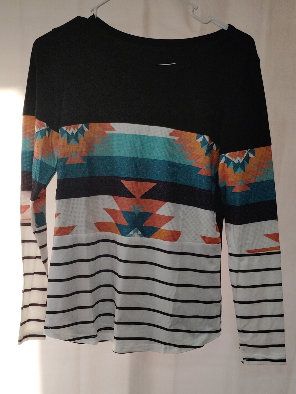 Long Sleeve Aztec Stripe Women Shirt - Black & Teal